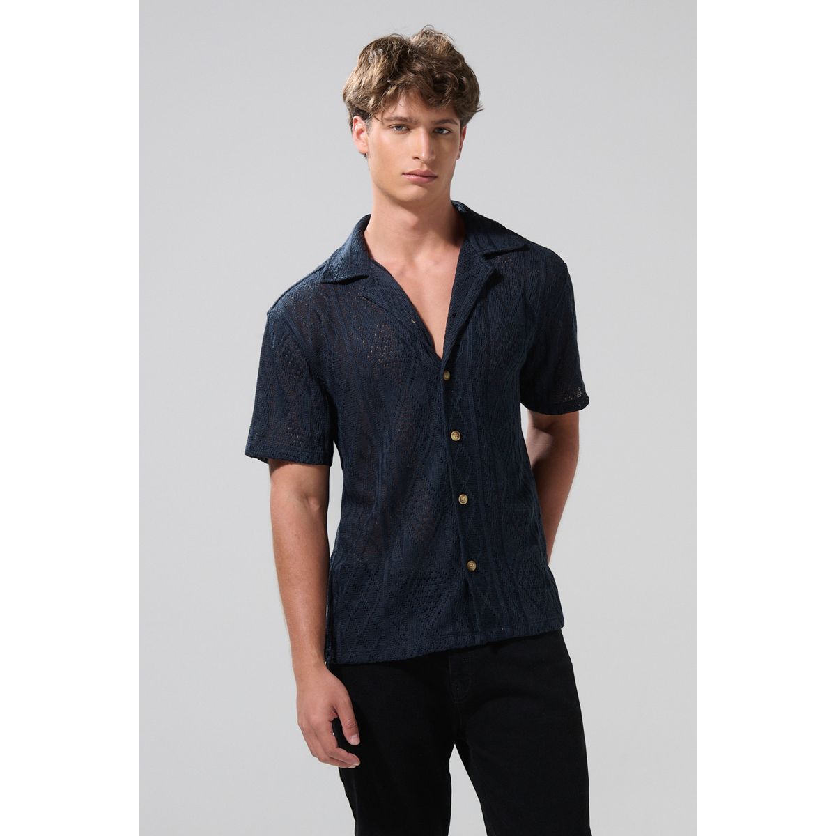 KOAJ - KOAJ Camisa cuello resort unicolor manga corta con texturas Hombre