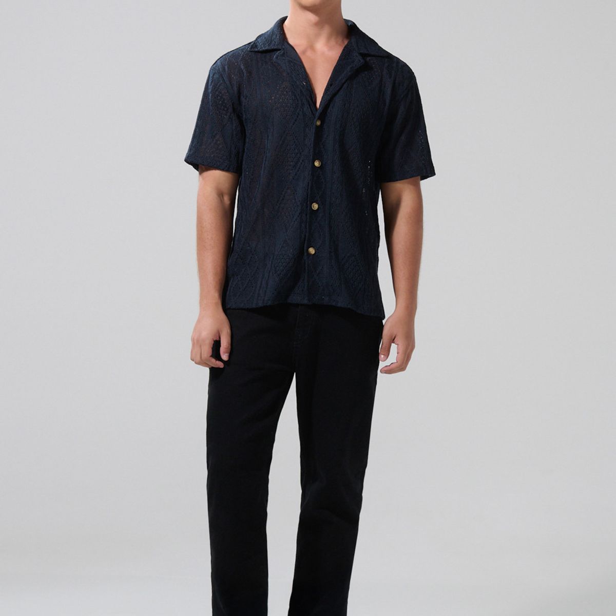 KOAJ - KOAJ Camisa cuello resort unicolor manga corta con texturas Hombre