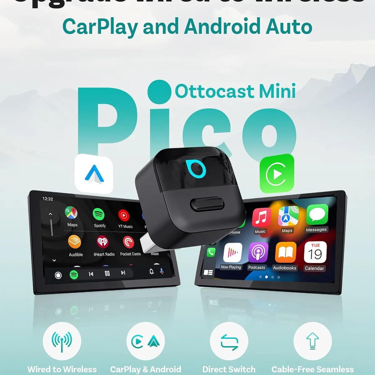 OTTOCAST - Adaptador inalámbrico CarPlay y Android Auto 2 en 1 Dongle Wifi 6 Bluetooth 5.4 para Vehiculos
