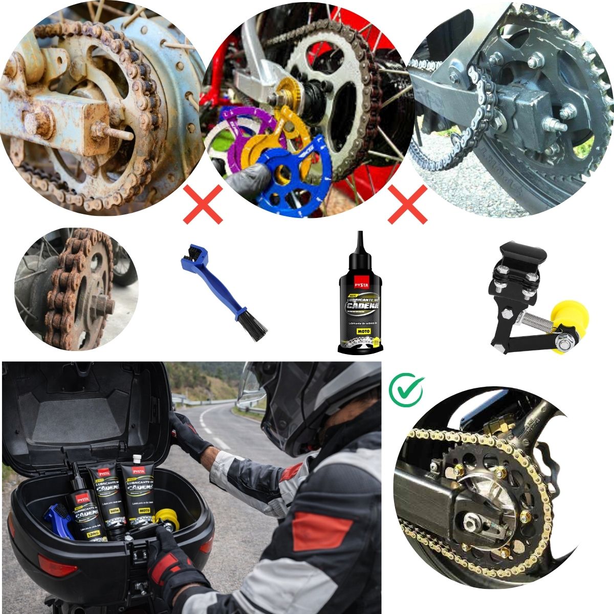 SIMONIZ - Kit lubricante crema tensor cadena cepillo moto combo