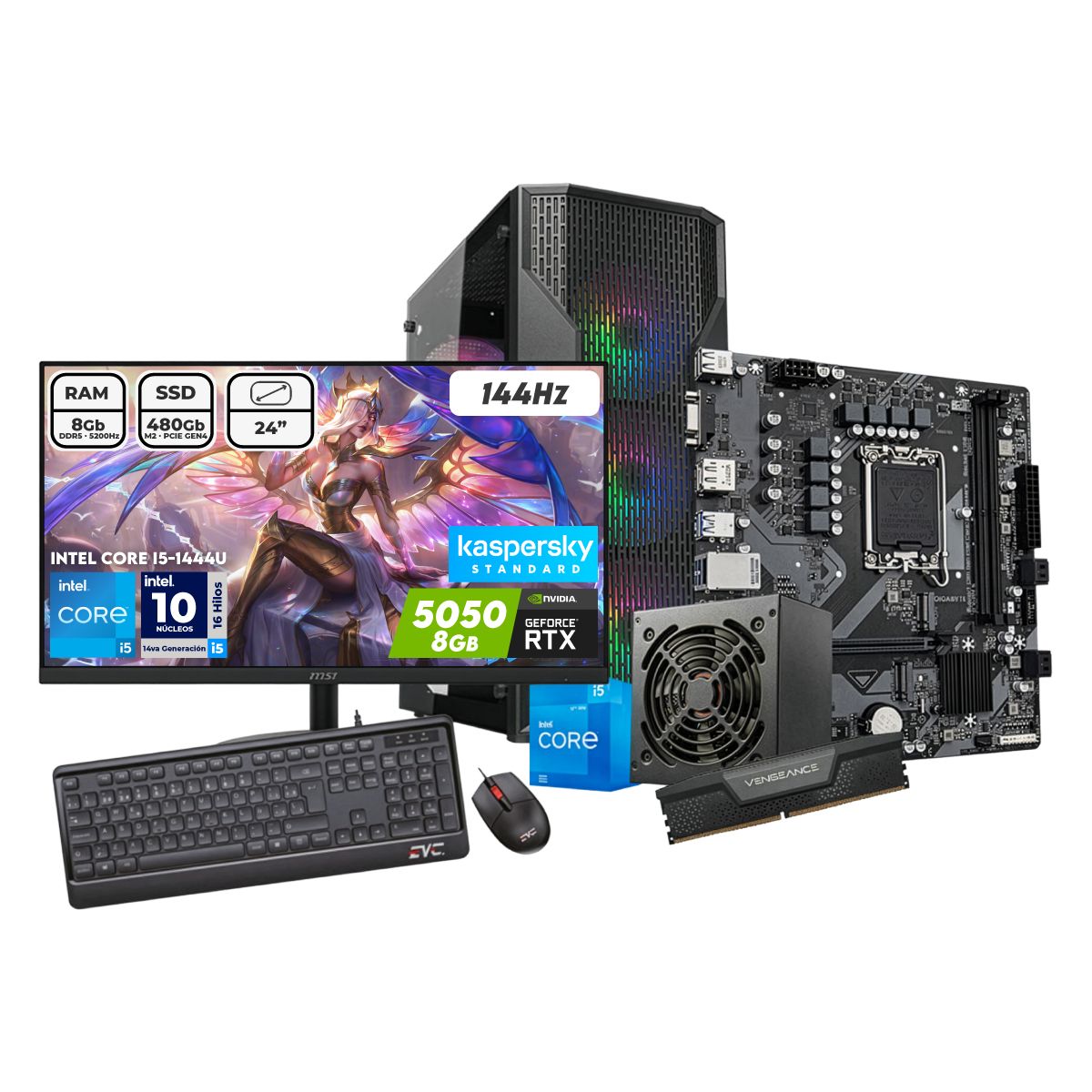 MSI - Torre Gamer I5 14400 Msi Pro B760m-e Ram8gb DDR5  Ssd480gb RTX 5050 8GB MSI Combo Kaspersky