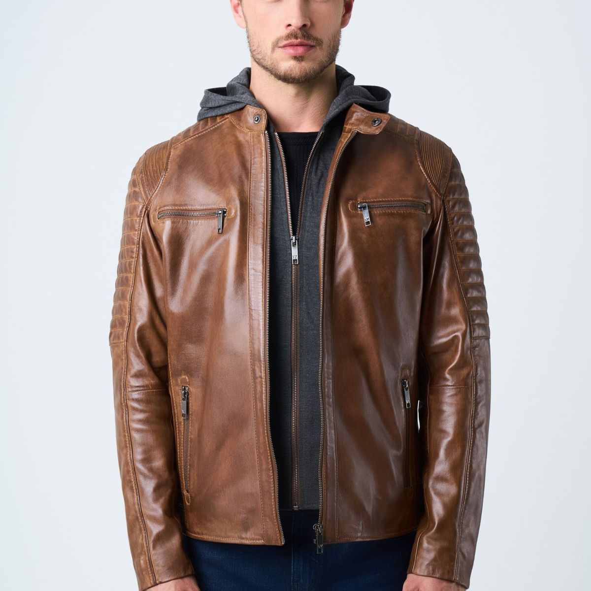 VELEZ - Vélez Chaqueta Belmont De Cuero Para Hombre Capucha Y Pechera Miel