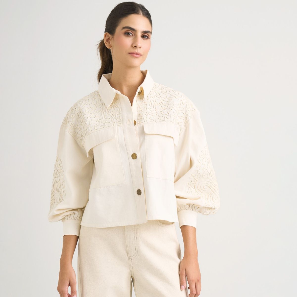 VELEZ - Vélez Chaqueta Aguamarina De Tela Para Mujer Bordados En Gamuza Blanco