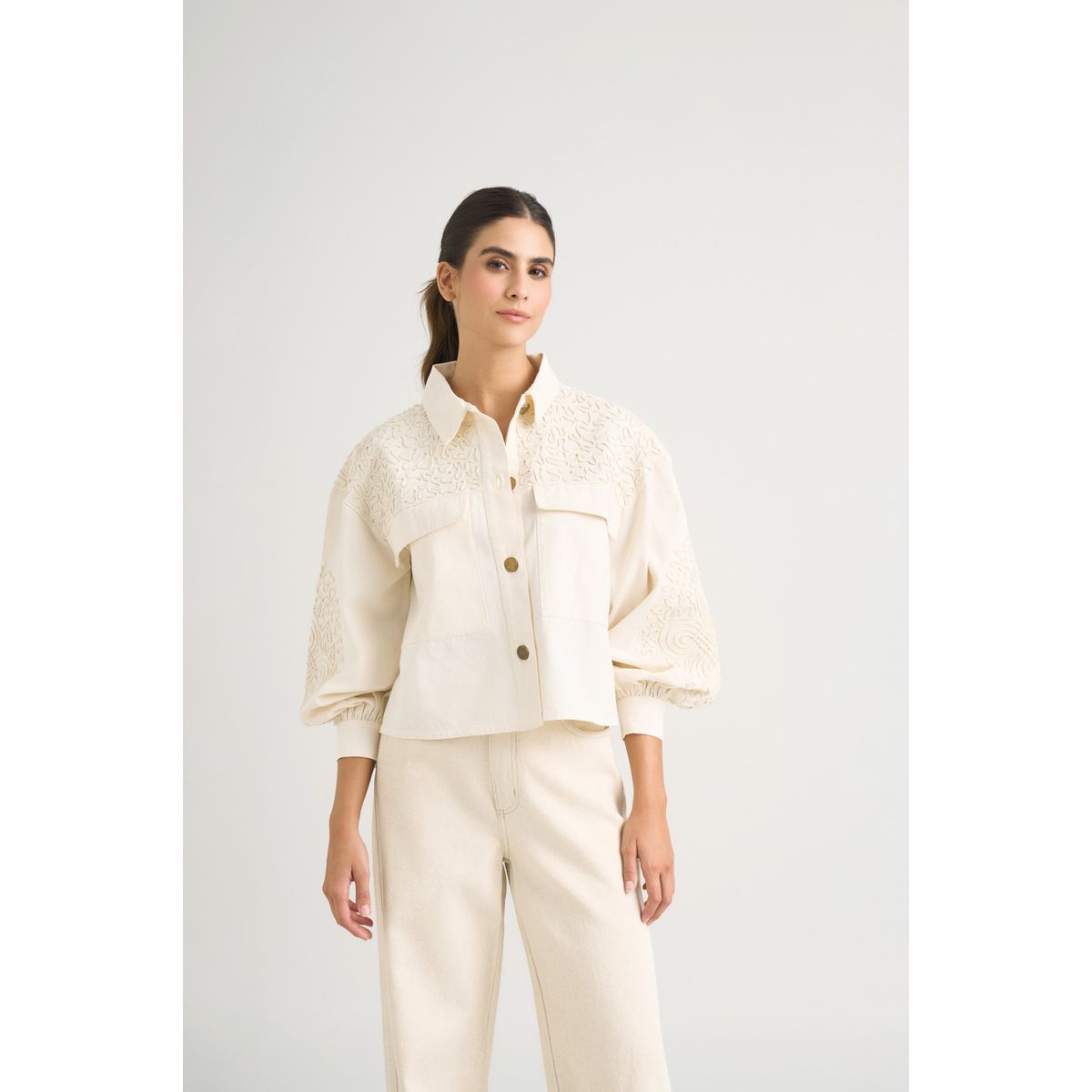 VELEZ - Vélez Chaqueta Aguamarina De Tela Para Mujer Bordados En Gamuza Blanco