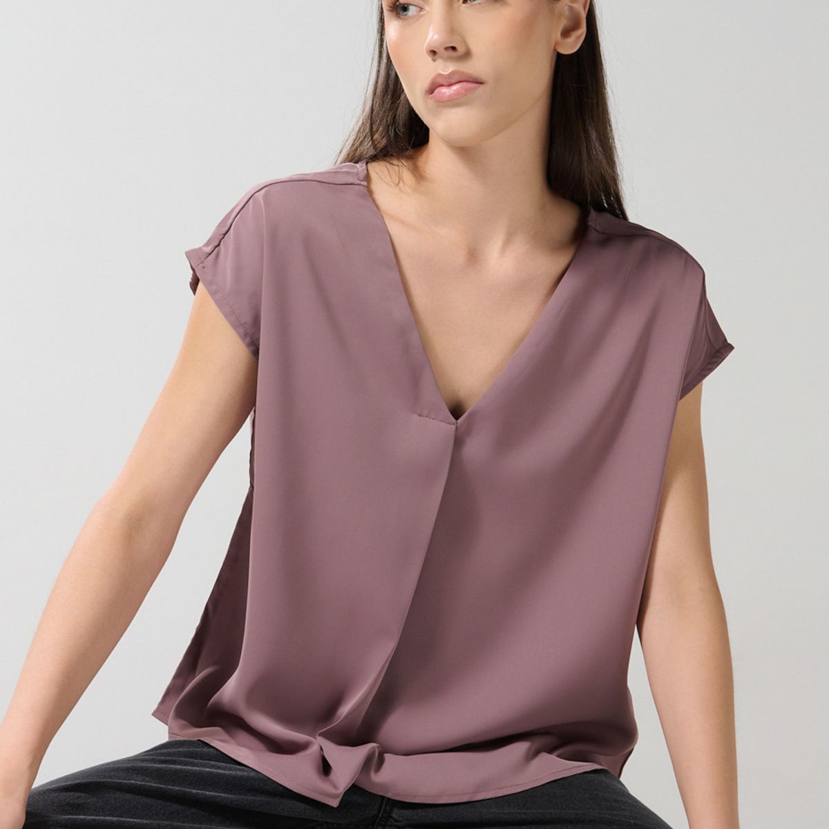KOAJ - KOAJ Blusa unicolor manga sisa con escote V y prense delant Mujer