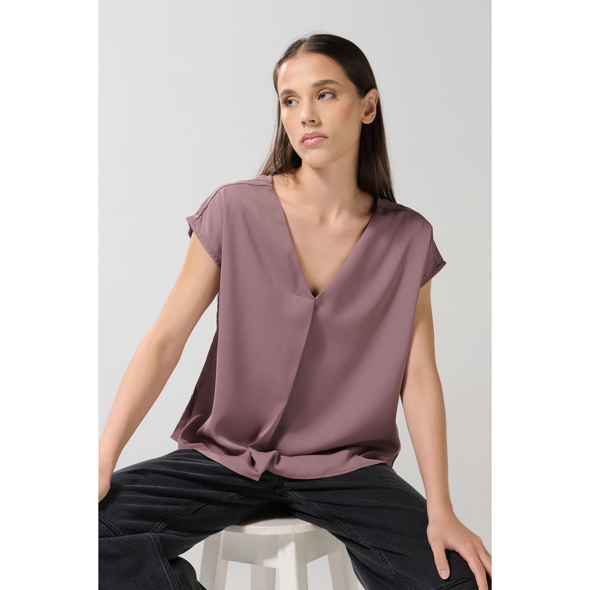 KOAJ - KOAJ Blusa unicolor manga sisa con escote V y prense delant Mujer