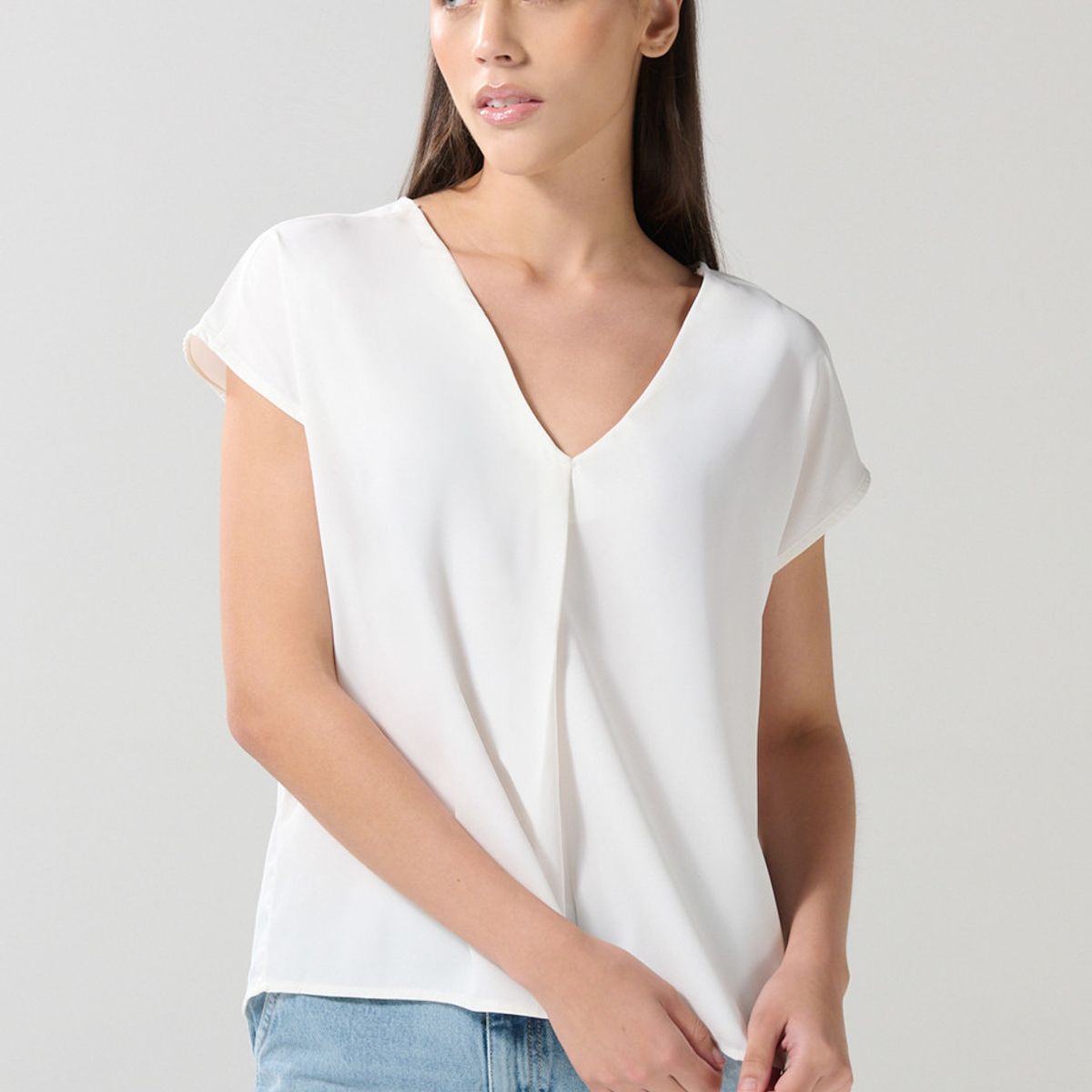KOAJ - KOAJ Blusa unicolor manga sisa con escote V y prense delant Mujer
