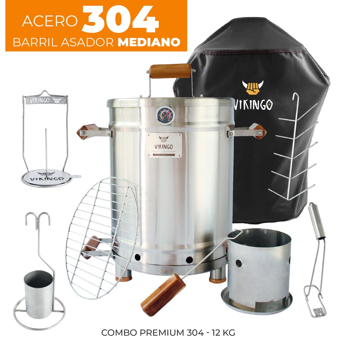VIKINGO BARRILES - Combo Premium 304 Barril Asador Mediano Vikingo 28 Libras Acero inoxidable