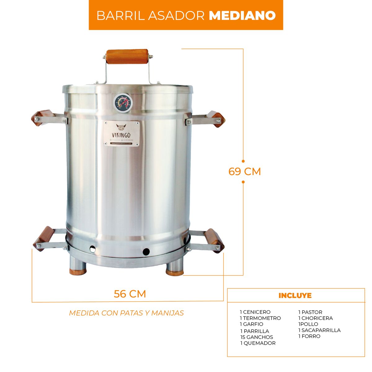 VIKINGO BARRILES - Combo Premium 304 Barril Asador Mediano Vikingo 28 Libras Acero inoxidable