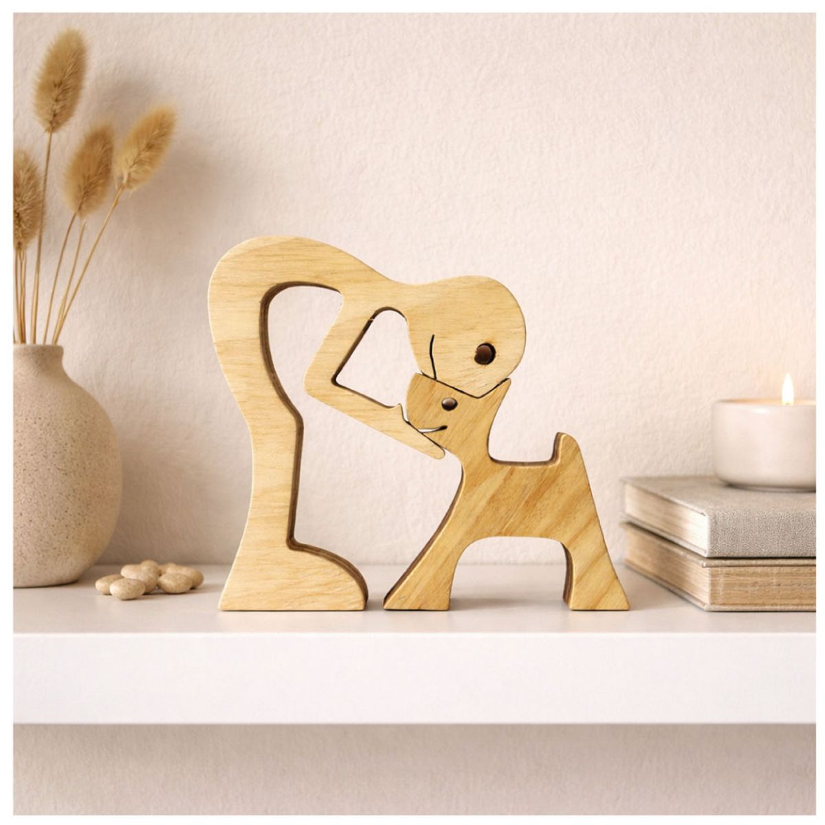 GENERICO - Figura Decorativa de Madera Hombre y Perro  Diseño Artesanal