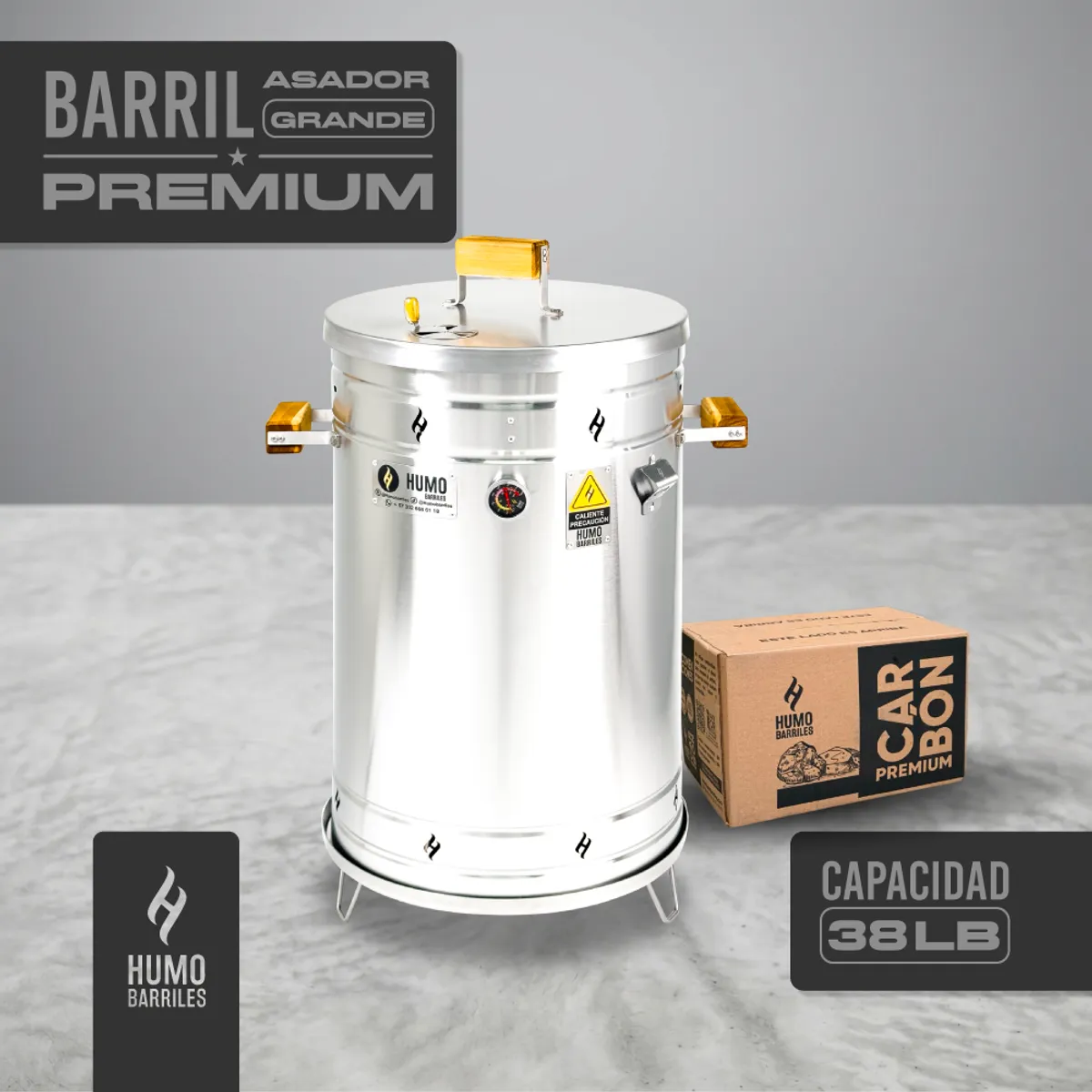 HUMO BARRILES - Barril Ahumador Asador Grande 38 Lbs 70x45cm Acero Inoxidable + Carbón Premium – Humo Barriles