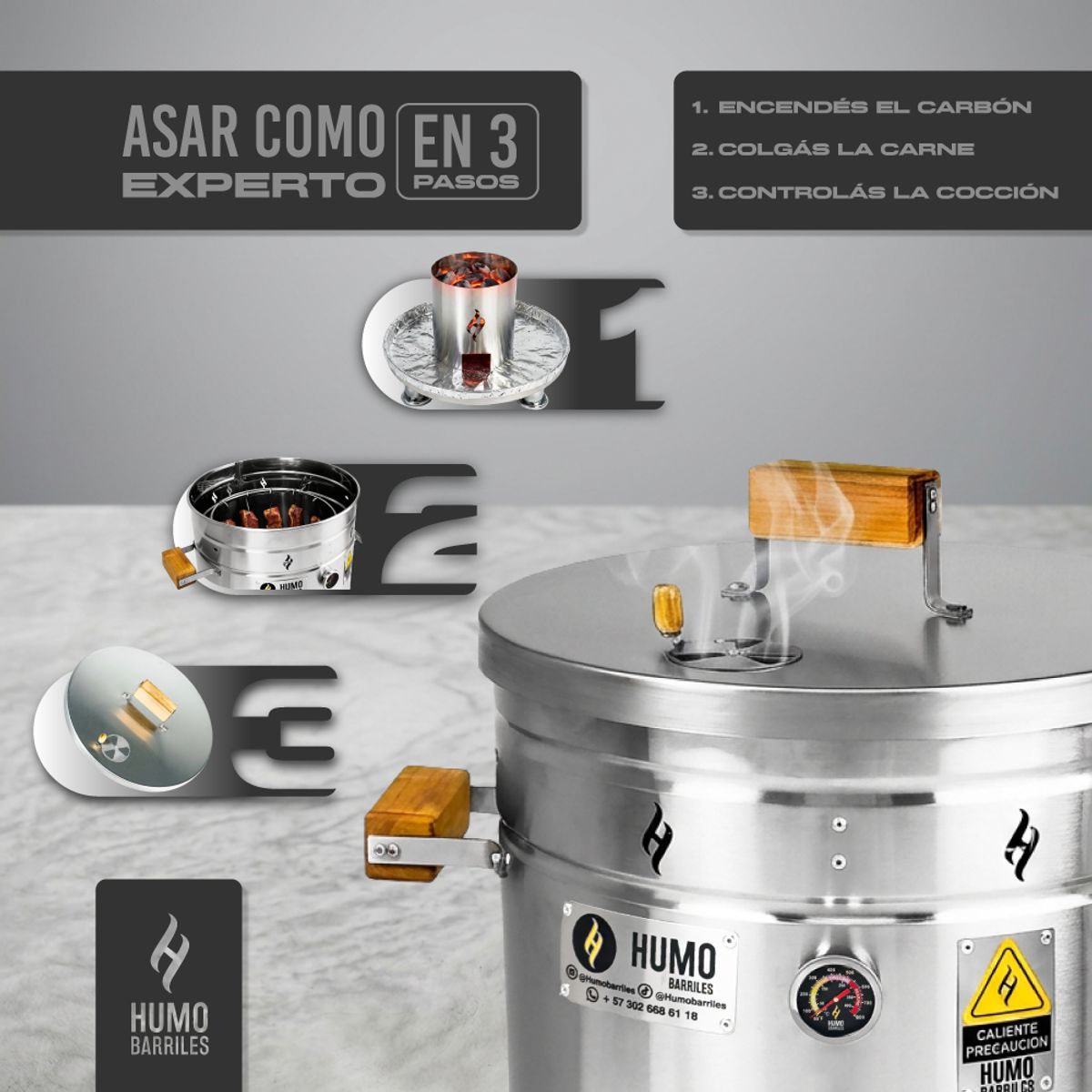 HUMO BARRILES - Barril Ahumador Asador Grande 38 Lbs 70x45cm Acero Inoxidable + Carbón Premium – Humo Barriles