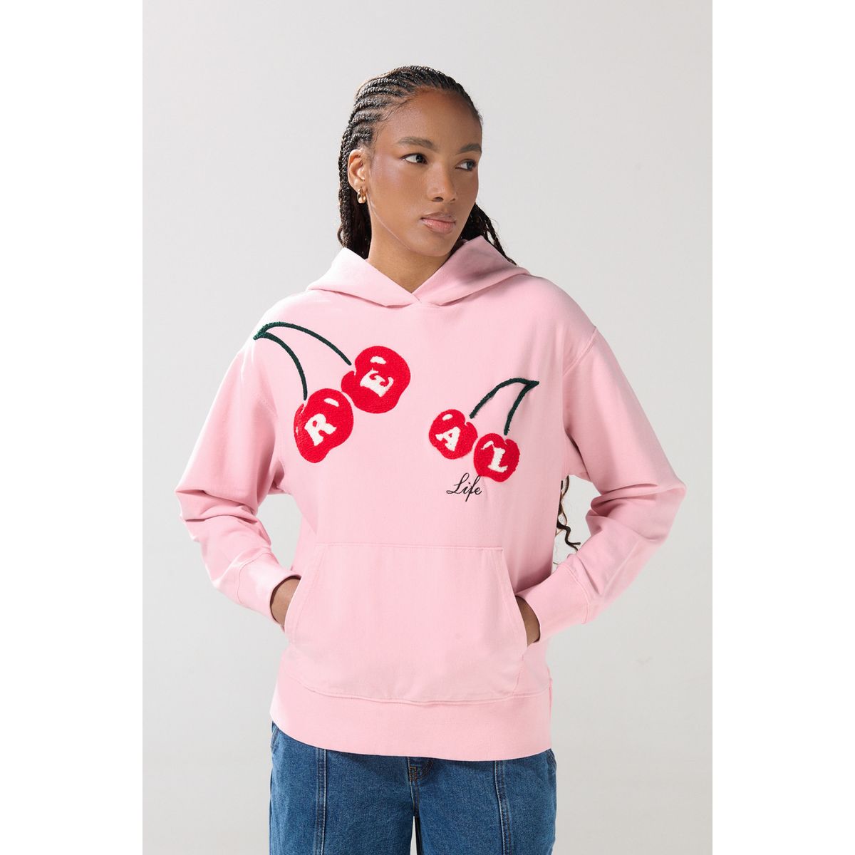 KOAJ - KOAJ Buzo oversize rosado con capota y diseño de cerezas Mujer