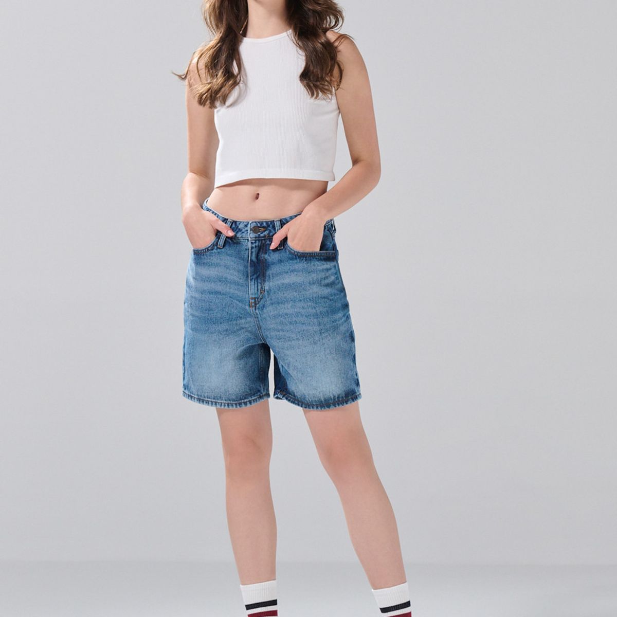KOAJ - KOAJ Short de jean súper tiro alto azul medio con bolsillos Mujer