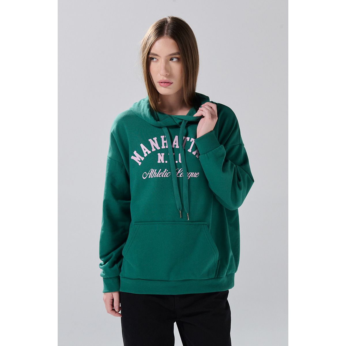 KOAJ - KOAJ Buzo verde oscuro oversize con arte college y capota Mujer