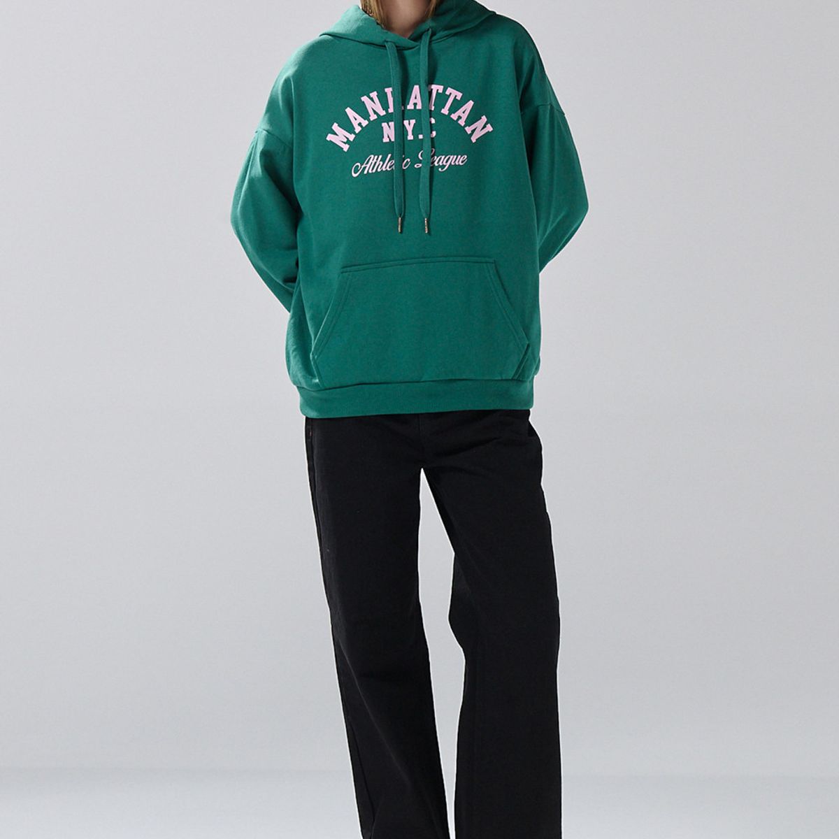 KOAJ - KOAJ Buzo verde oscuro oversize con arte college y capota Mujer