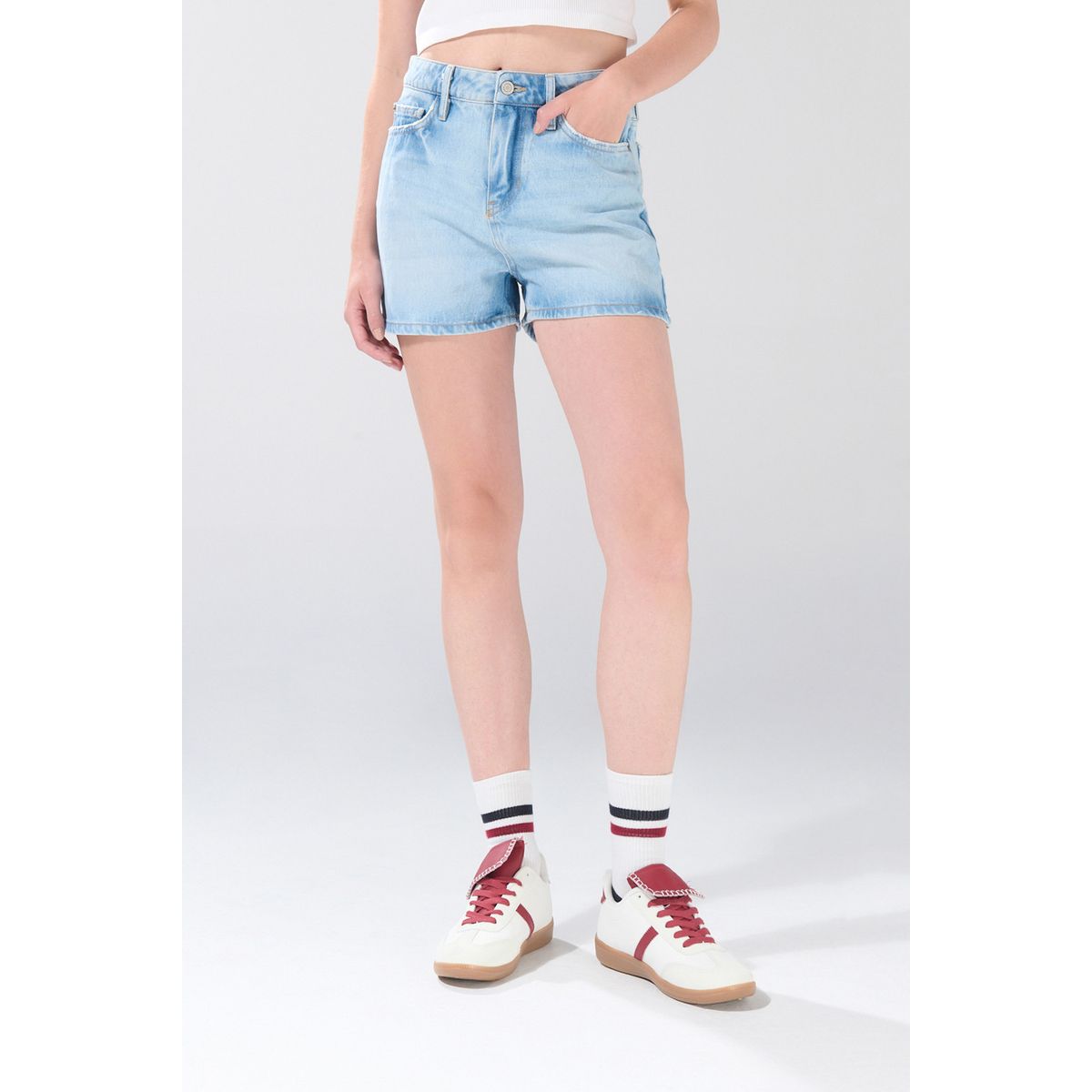 KOAJ - KOAJ Short tiro alto azul medio de jean con 5 bolsillos Mujer