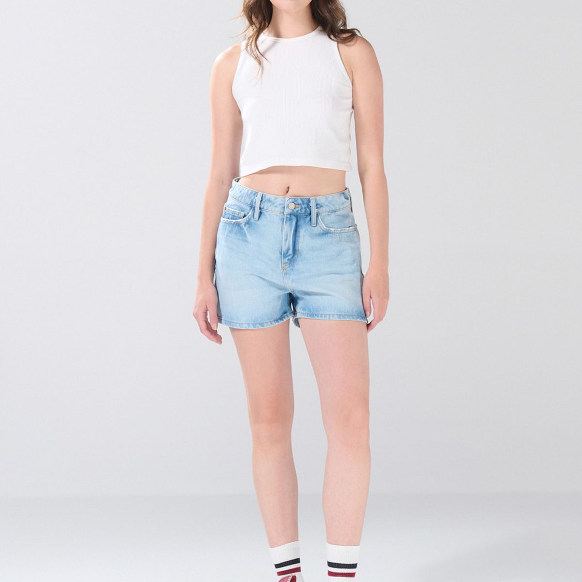 KOAJ - KOAJ Short tiro alto azul medio de jean con 5 bolsillos Mujer