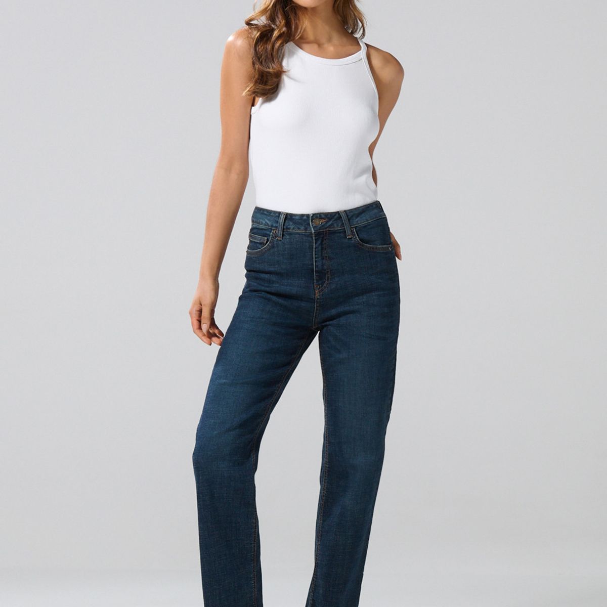 KOAJ - KOAJ Jean bota recta azul oscuro straight leg con tiro alto Mujer