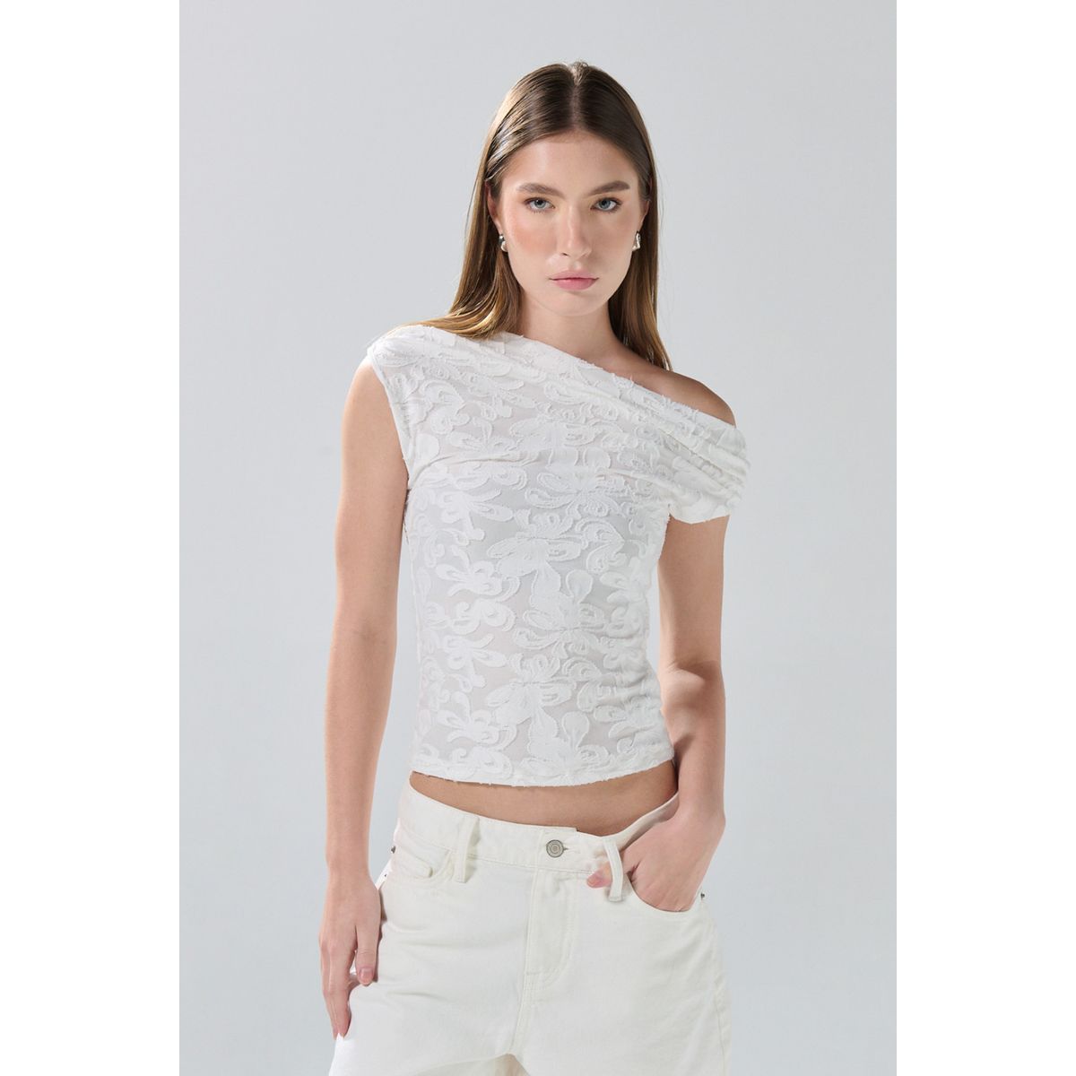 KOAJ - KOAJ Blusa unicolor estampada con escote asimétrico y manga Mujer