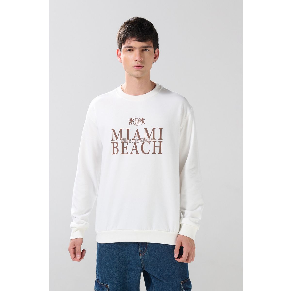 KOAJ - KOAJ Buzo college crema claro con cuello redondo Hombre