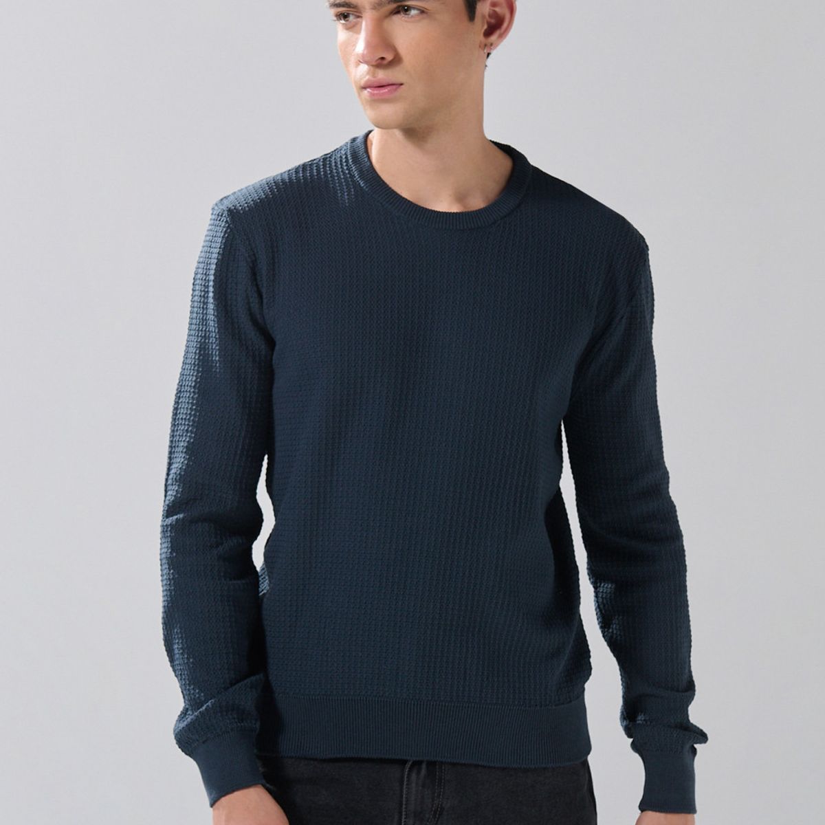 KOAJ - KOAJ Suéter azul intenso tejido cuello redondo con texturas Hombre