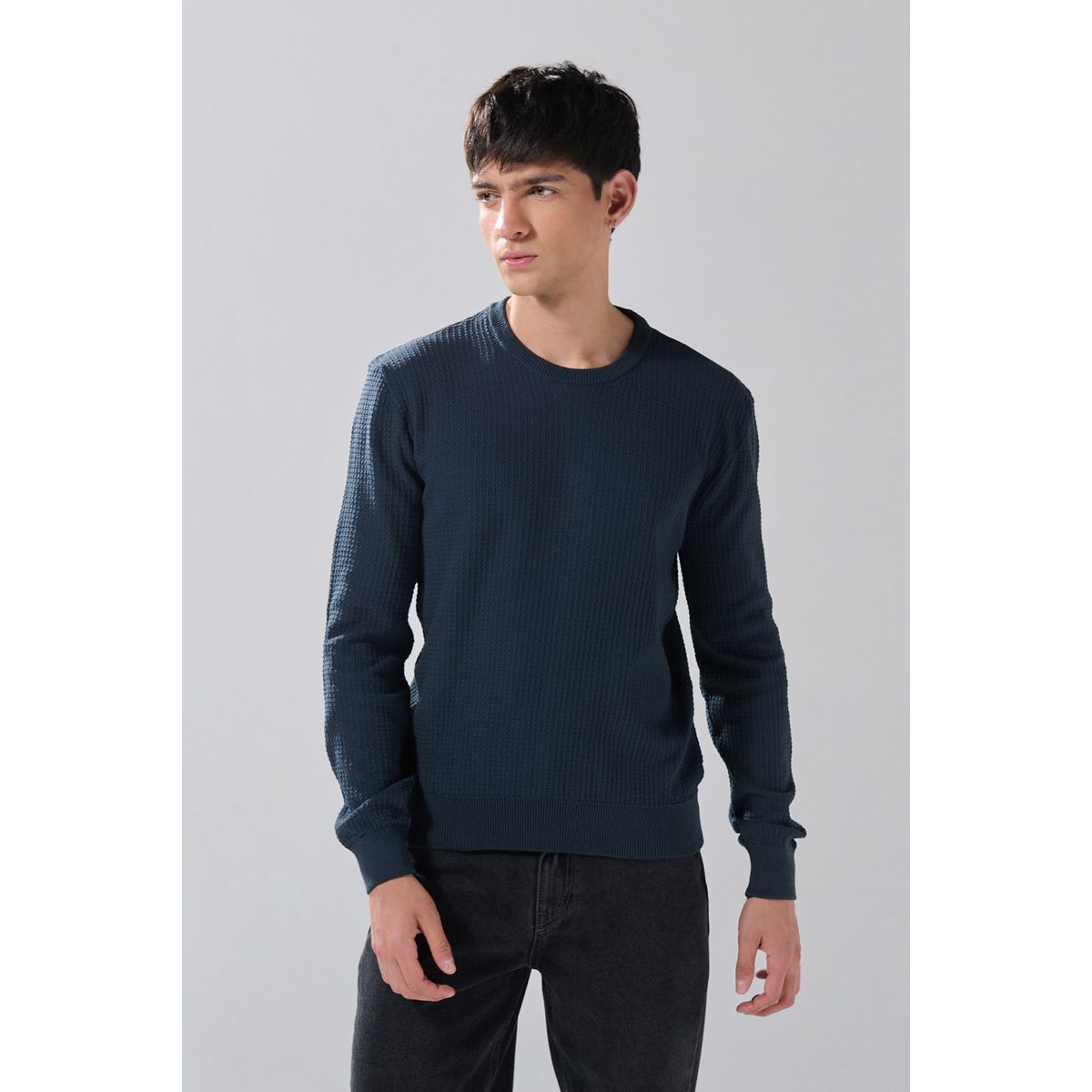 KOAJ - KOAJ Suéter azul intenso tejido cuello redondo con texturas Hombre