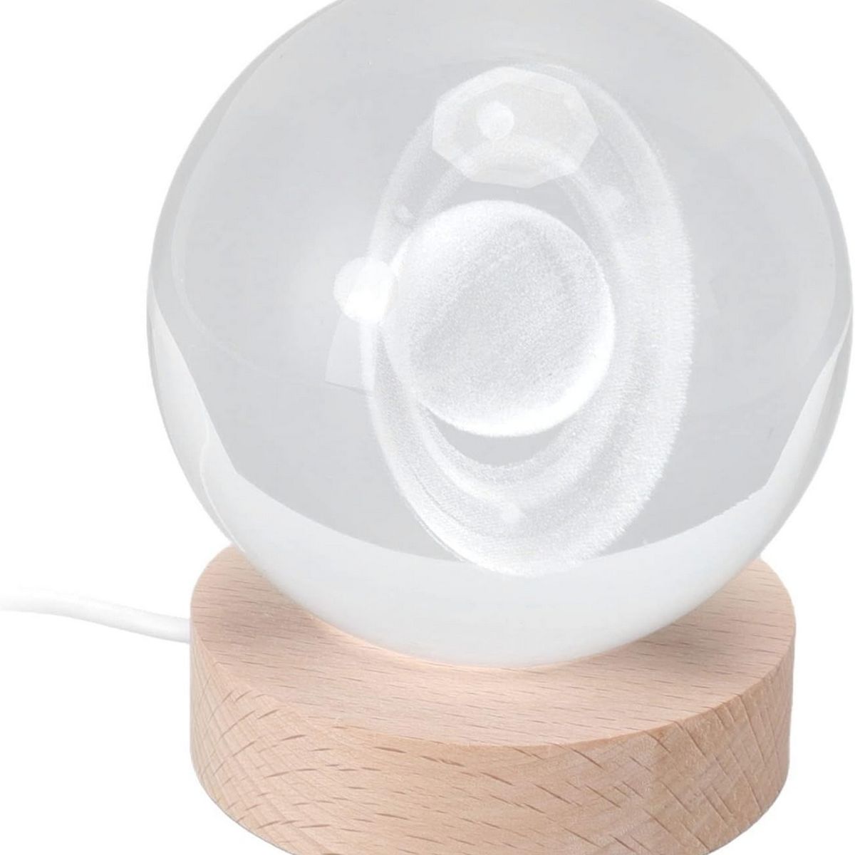 DAYOSHOP - Lámpara Bola De Cristal Saturno 3d Led Base Madera Usb Beige 5v