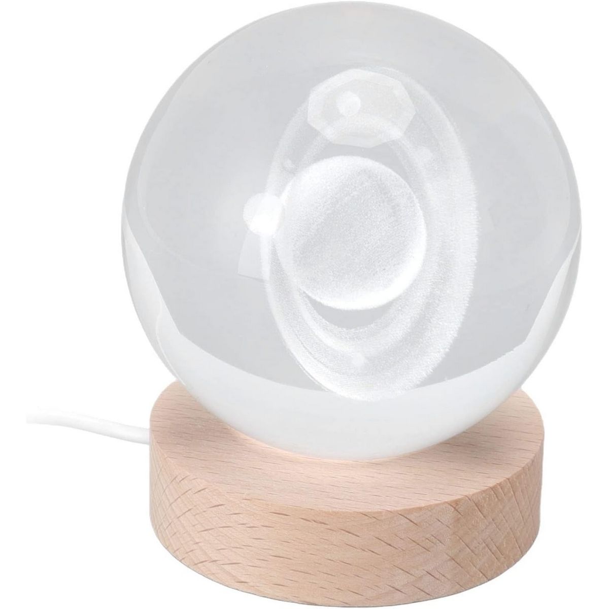 DAYOSHOP - Lámpara Bola De Cristal Saturno 3d Led Base Madera Usb Beige 5v
