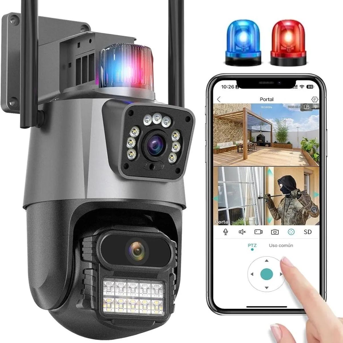 DAYOSHOP - Cámara Seguridad Wifi Doble Lente 8mp 4k Ptz Alarma Sirena Gris