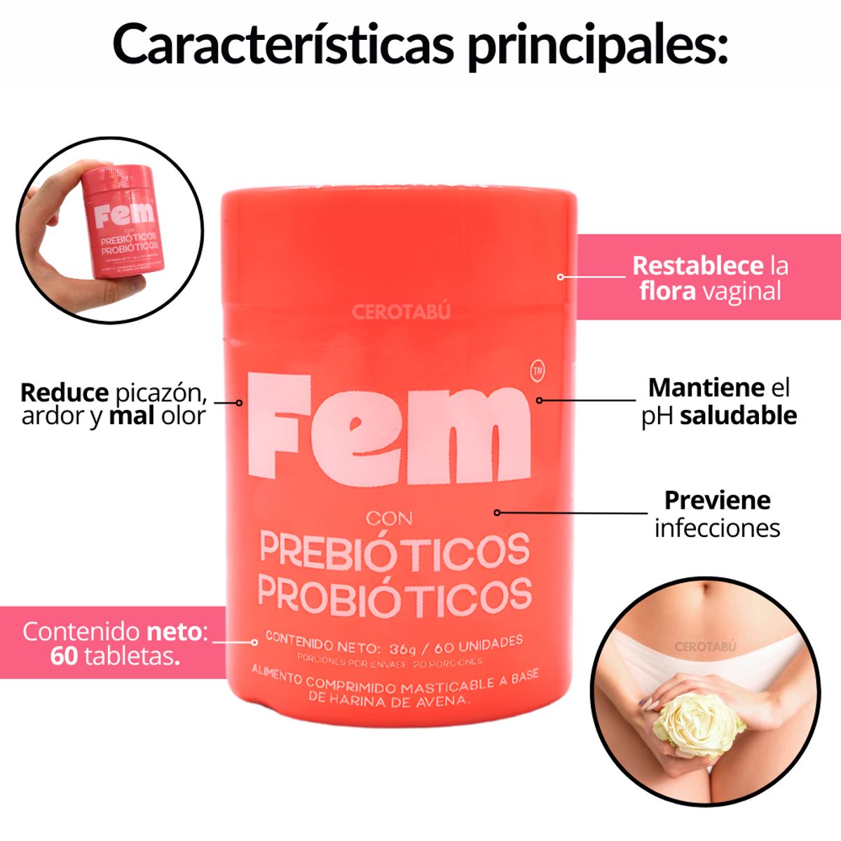 Probióticos Vaginales Fem Suplemento Para Mujeres X60 Vitaminas ...