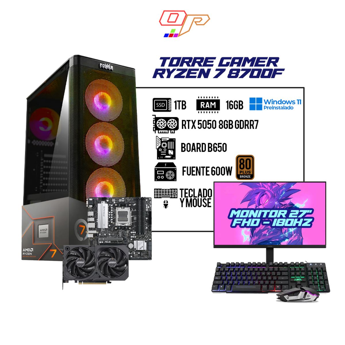 AMD - PC GAMER AMD RYZEN 7 8700F / RTX 5050 8GB / 16GB RAM / 1TB SSD / BOARD B650 / MONITOR 27" 180HZ