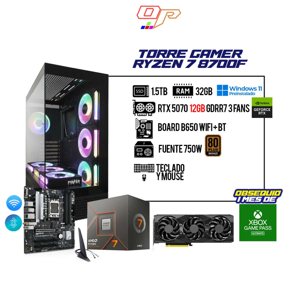 AMD - PC GAMER AMD RYZEN 7 8700F / RTX 5070 12GB / 32GB RAM / 1.5TB SSD / BOARD B650 WIFI + BT / 750W 80+
