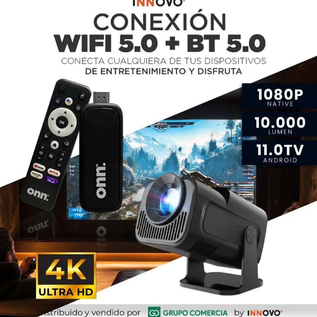 INNOVA - Proyector Android Cine En Casa Hy 320 Con Onn Watch Stick 8k Xuper Incluido Negro 110v Negro 110v