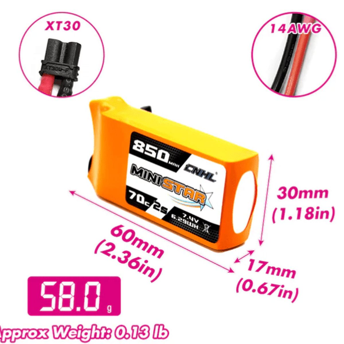 GENERICO - Batería LiPo CNHL MiniStar 850mAh 7.4V 2S 70C con XT30U