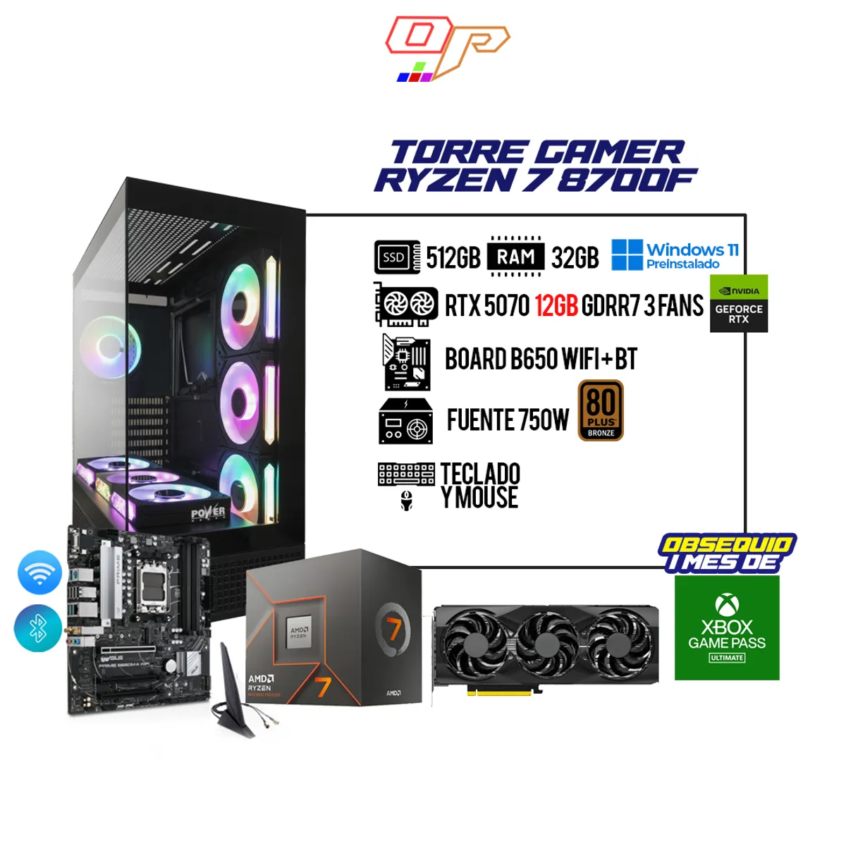 AMD - PC GAMER AMD RYZEN 7 8700F / RTX 5070 12GB / 32GB RAM / 512GB SSD / B650 WIFI + BT / 750W 80+ GOLD