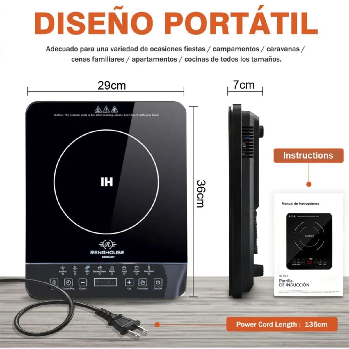 GENERICO - Estufa de Inducción Renahouse 1 Quemador 1200W Timer — Negra