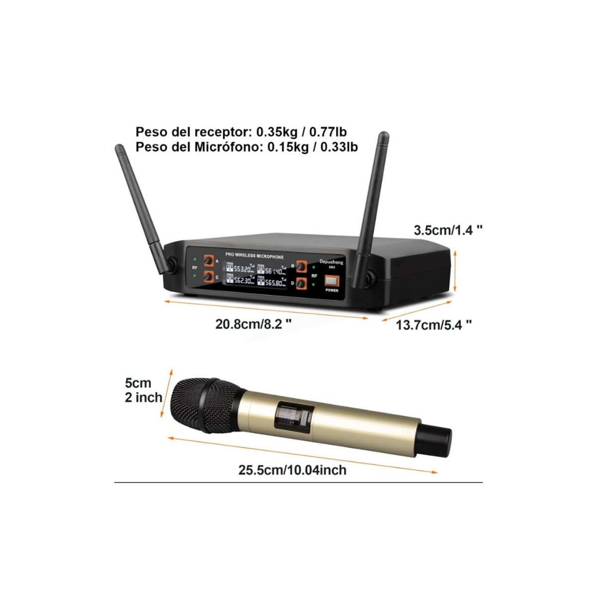 COLME TECHNOLOGY HOME - Micrófono Profesional Inalambrico Dx4 Dinamico 4 Canales Ufh Dorado