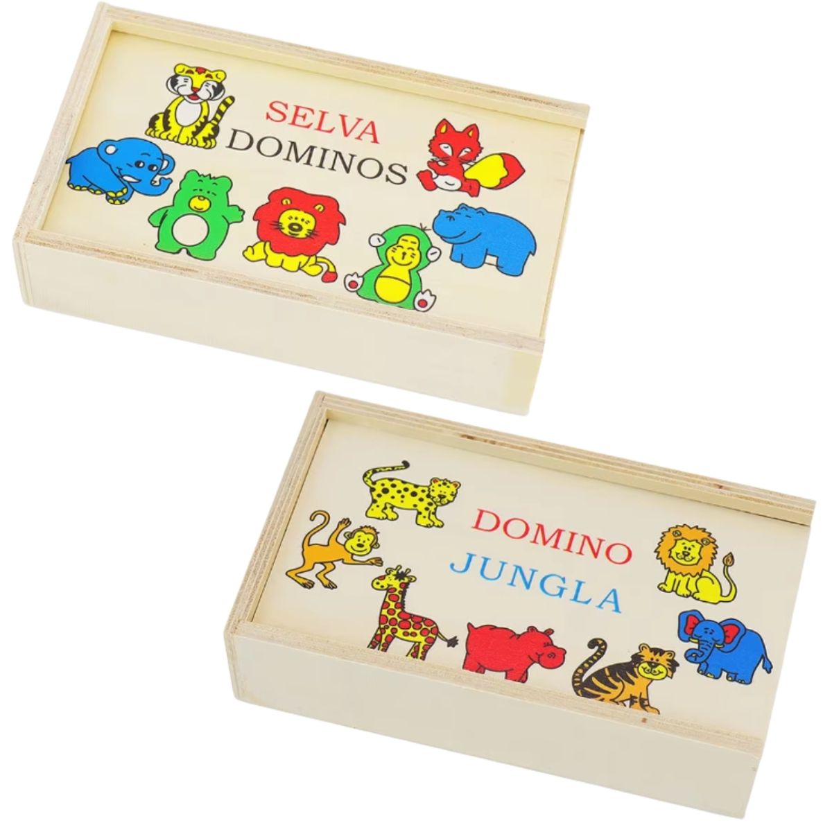 GENERICO - Set x2 Dominó Infantil De Madera Animales De La Selva y Jungla Juego Didáctico Educativo