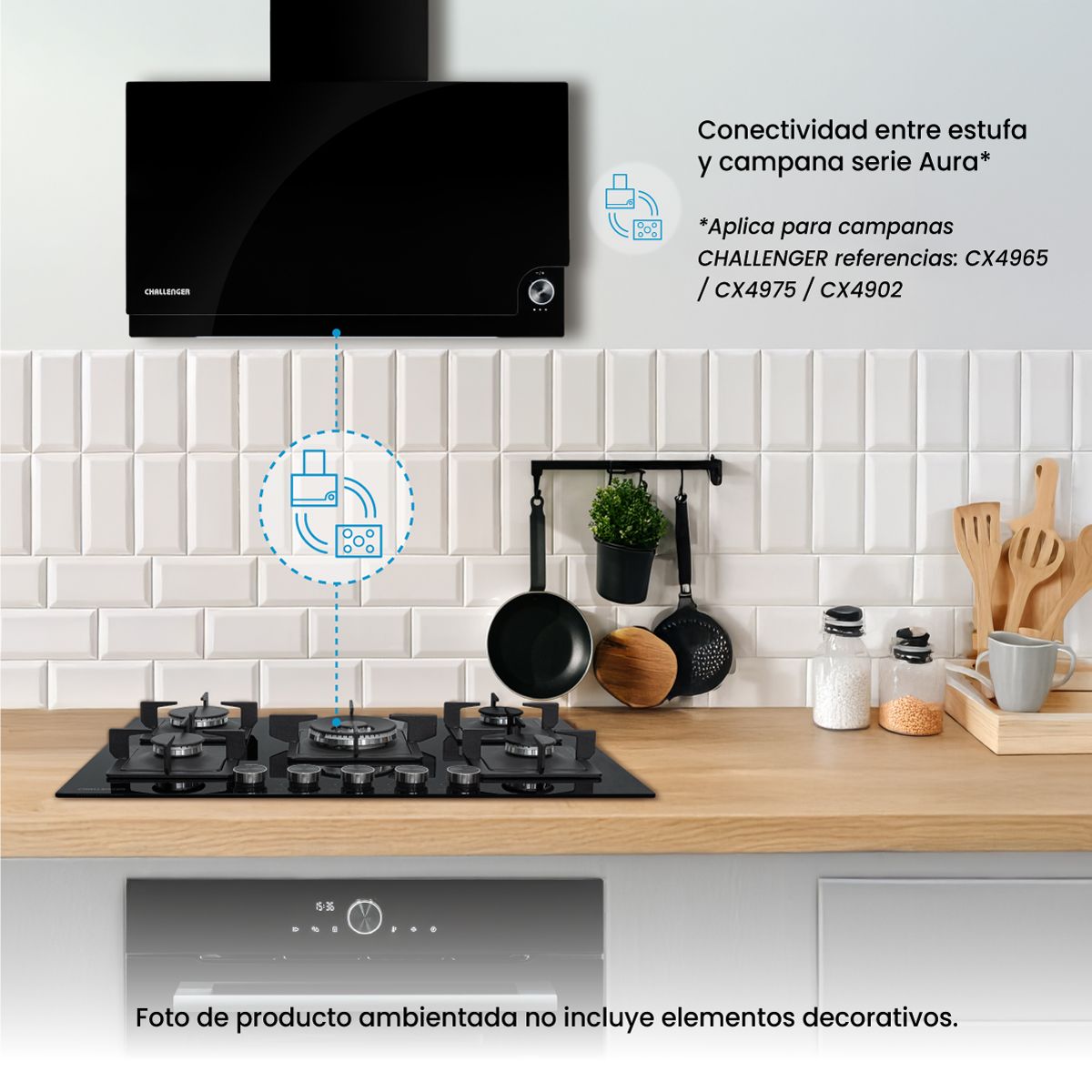 CHALLENGER - Estufa empotrar Gas Natural LED AURA Cristal 5 Puestos 76cm