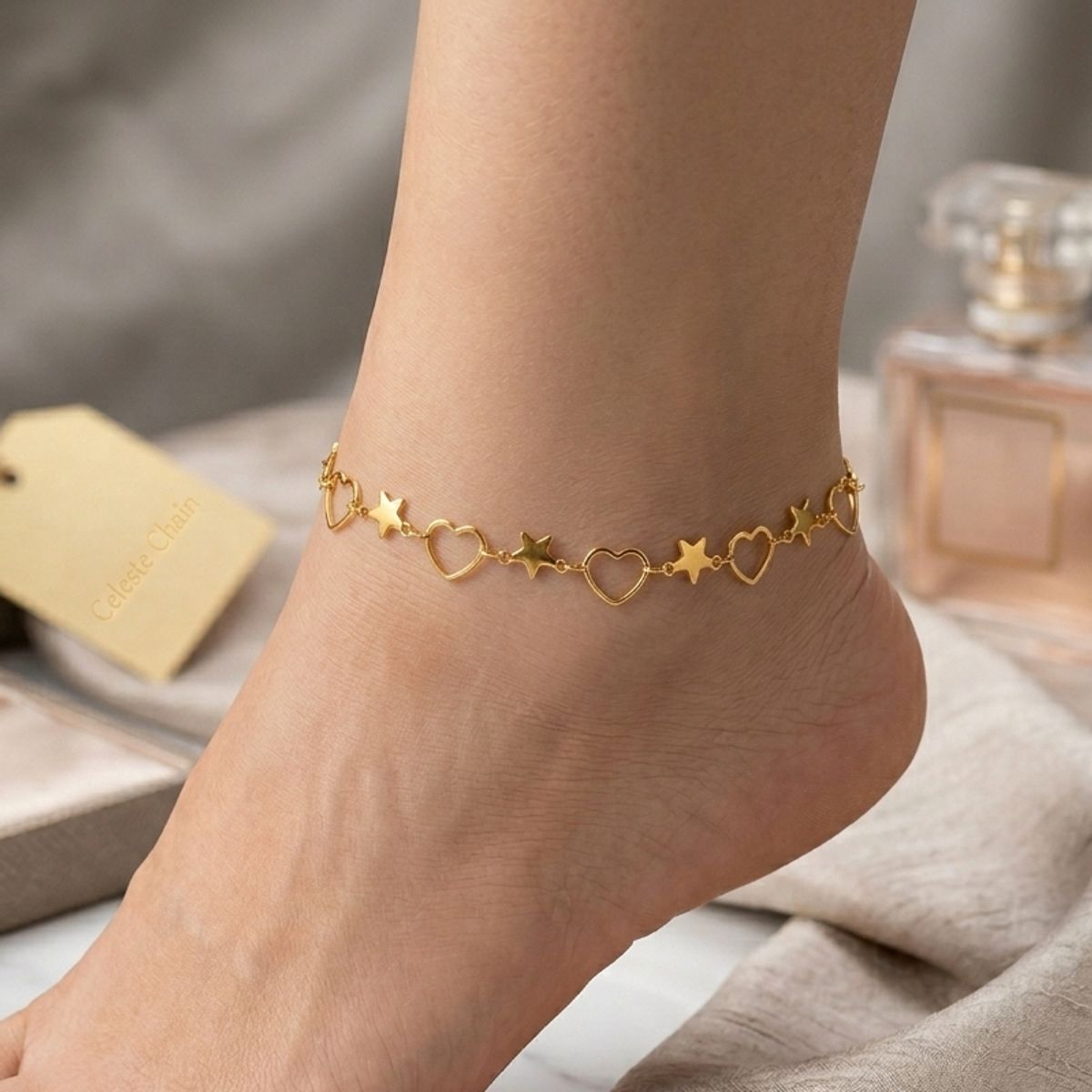 STAINLESS STEEL - Pulsera Tobillera Para Mujer Tejido De Corazon Estrella En Acero Inoxidable