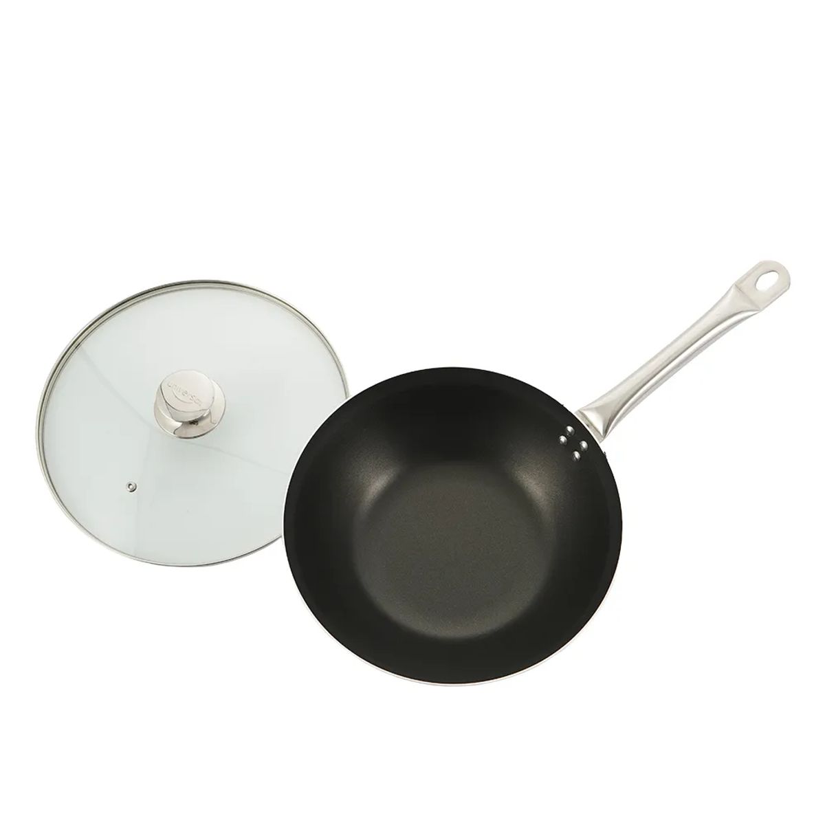UNIVERSAL - Wok Profesional 30 cm UNIVERSAL PRO en aluminio de alta pureza con antiadherente resistente y tapa de vidrio
