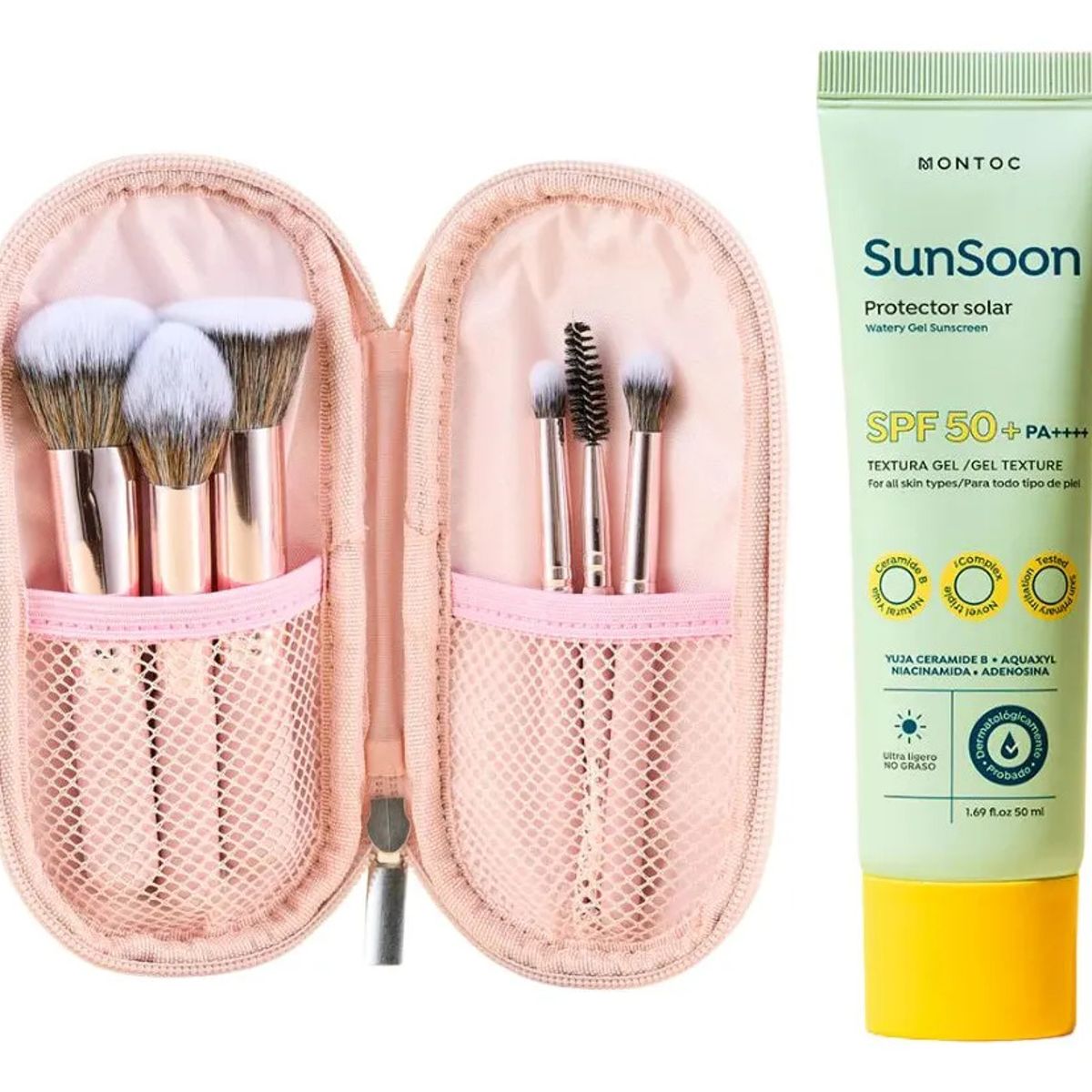 MONTOC MAKEUP - Kit De Brochas Pink Travel X6 Y Protector Solar Oil Control