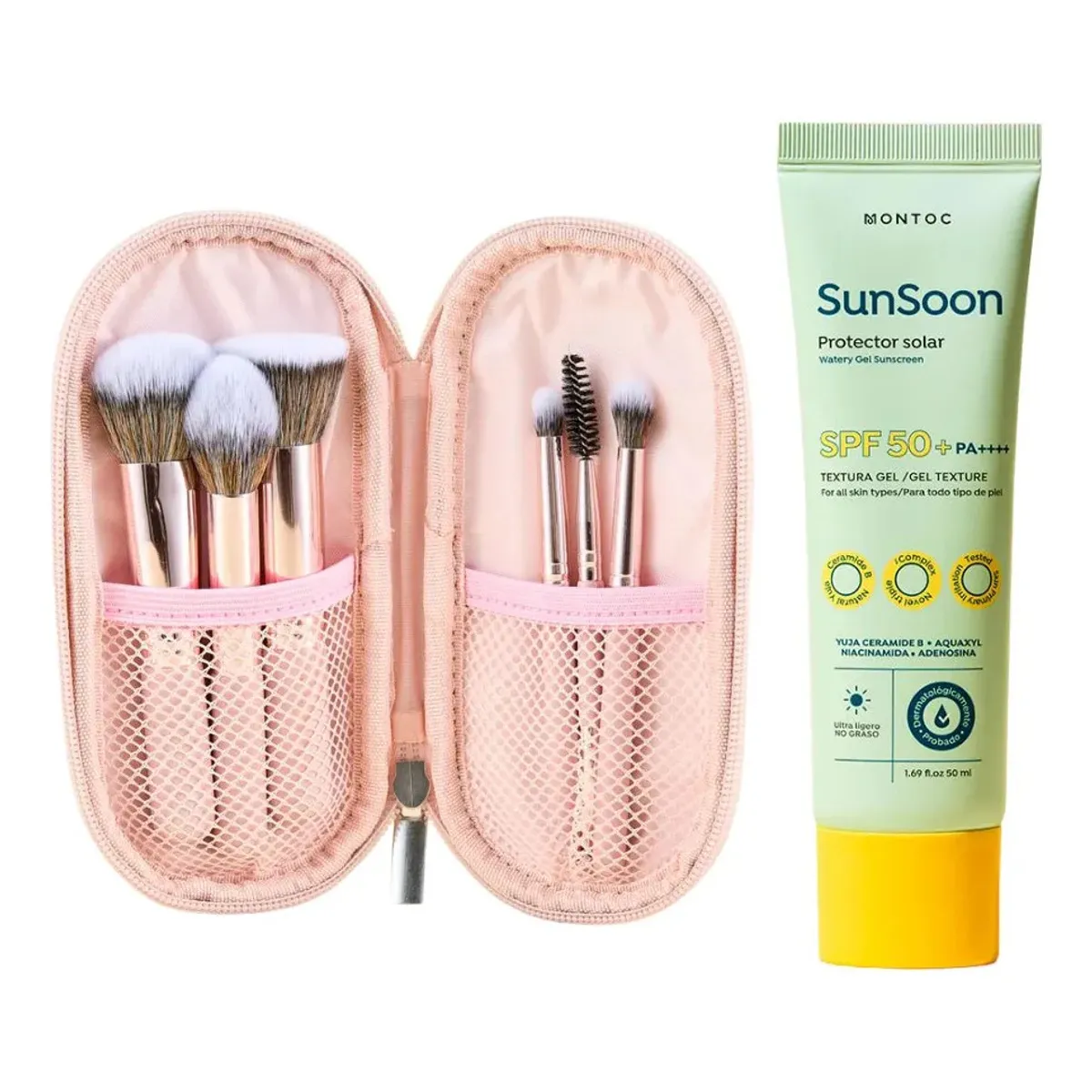 MONTOC MAKEUP - Kit De Brochas Pink Travel X6 Y Protector Solar Oil Control