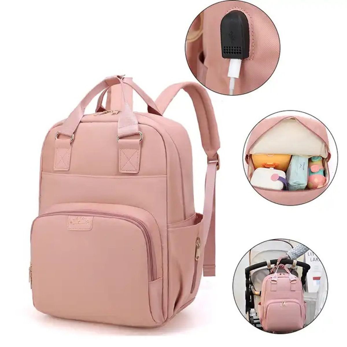 GENERICO - Bolso Pañalera Multifuncional Bebe Moderno Con Puerto Usb Rosado