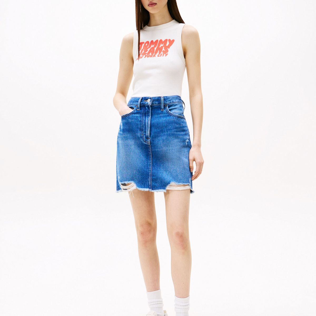 TOMMY HILFIGER - Minifalda azul denim Mom desgastada Tommy Jeans