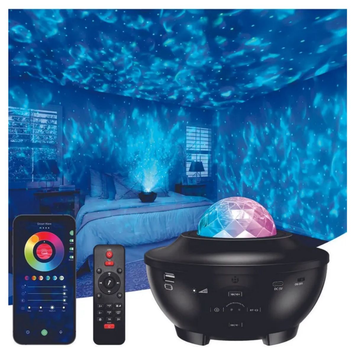 GENERICO - Lampara Proyector Nebulosa Bluetooth Usb Starry Luces Led + Control Negro