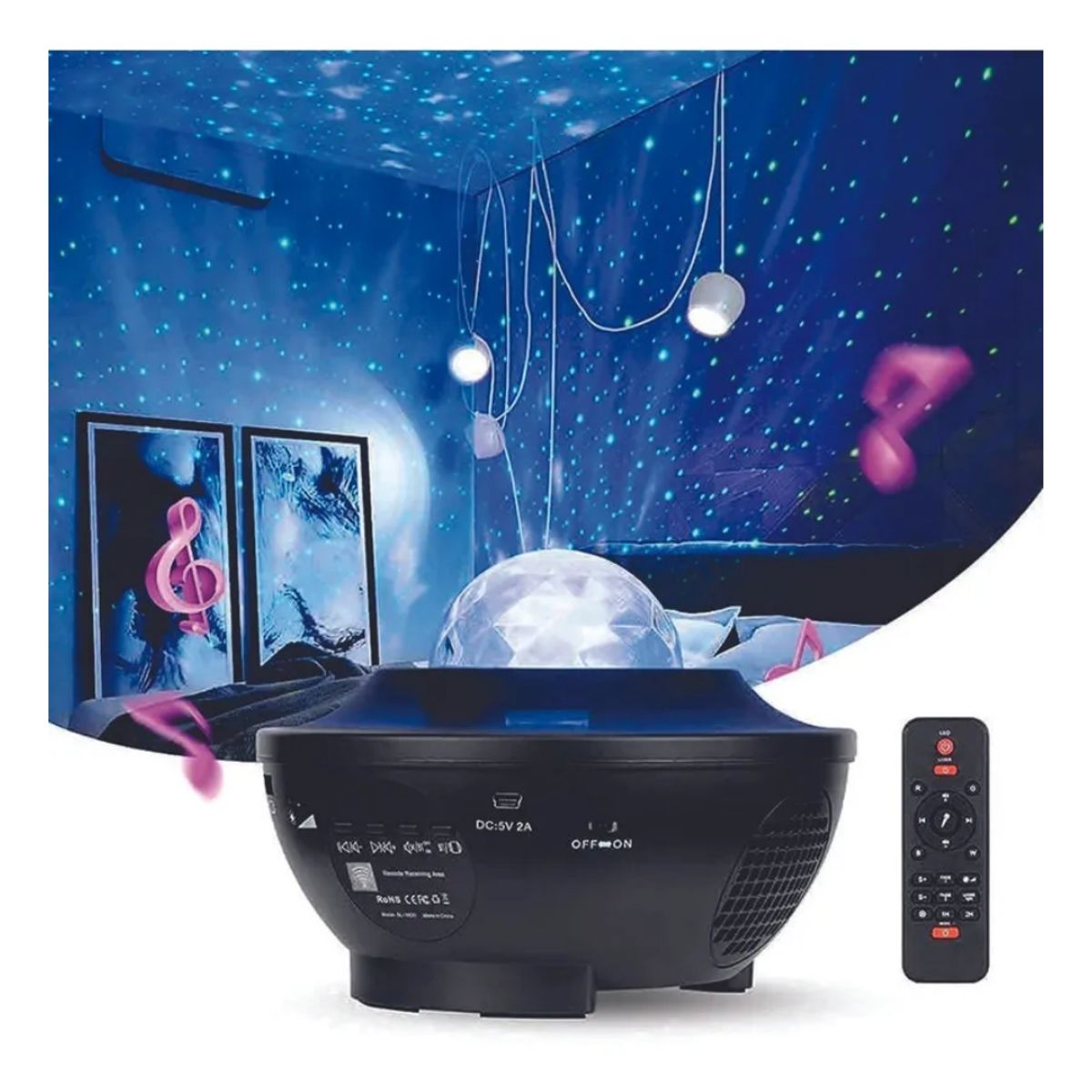 GENERICO - Lampara Proyector Nebulosa Bluetooth Usb Starry Luces Led + Control Negro