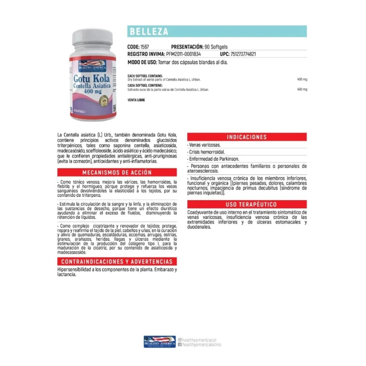 HEALTHY AMERICA - SUPLEMENTO VITAMINICO CENTELLA ASIATICA 400MG X 90U