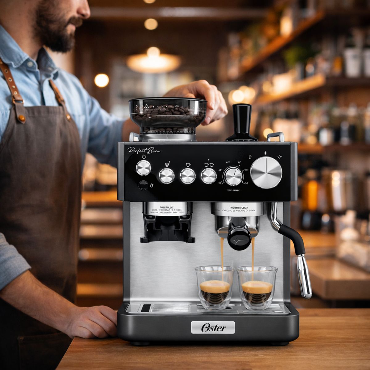 OSTER - Maquina Cafe Expreso Capuchino Molino Cafe 15 Bar 1.8 Litros Plateado 110v